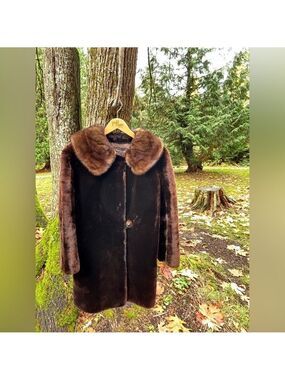 1950s Dyed Lamb Mouton Fur Coat w/ Genuine Mink Collar • Made in Canada • M-L